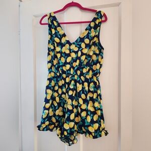 Blue Rain Lemon Print Jumpsuit - Navy and Yellow